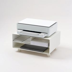 Yamazaki Home Rolling Printer Stand - White with props, set against a white background.