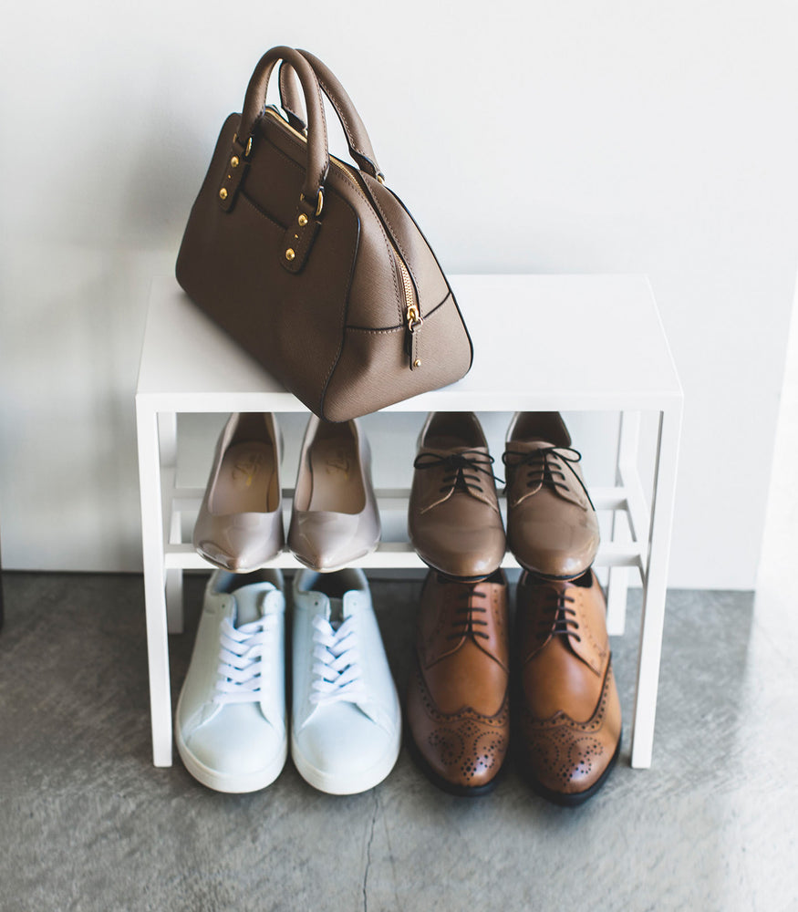 View 4 - Aerial view of white Shoe Organizer holding purse and shoes by Yamazaki Home.