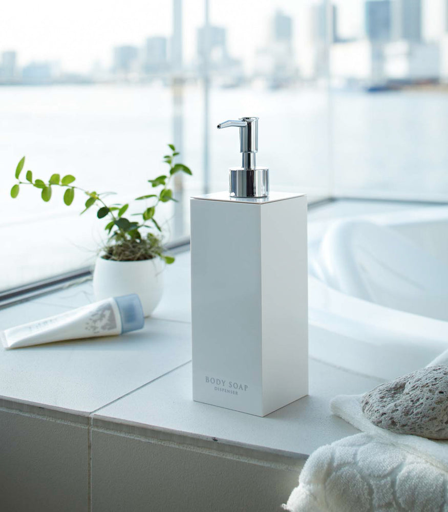 View 15 - White Yamazaki Home square body soap dispenser by bathtub