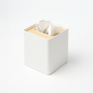 Yamazaki Home Tissue Box Cover - Square with props, set against a white background.
