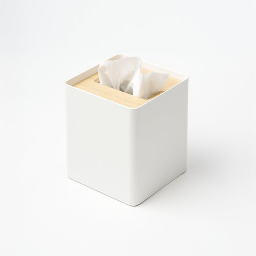 Yamazaki Home Tissue Box Cover - Square with props, set against a white background.