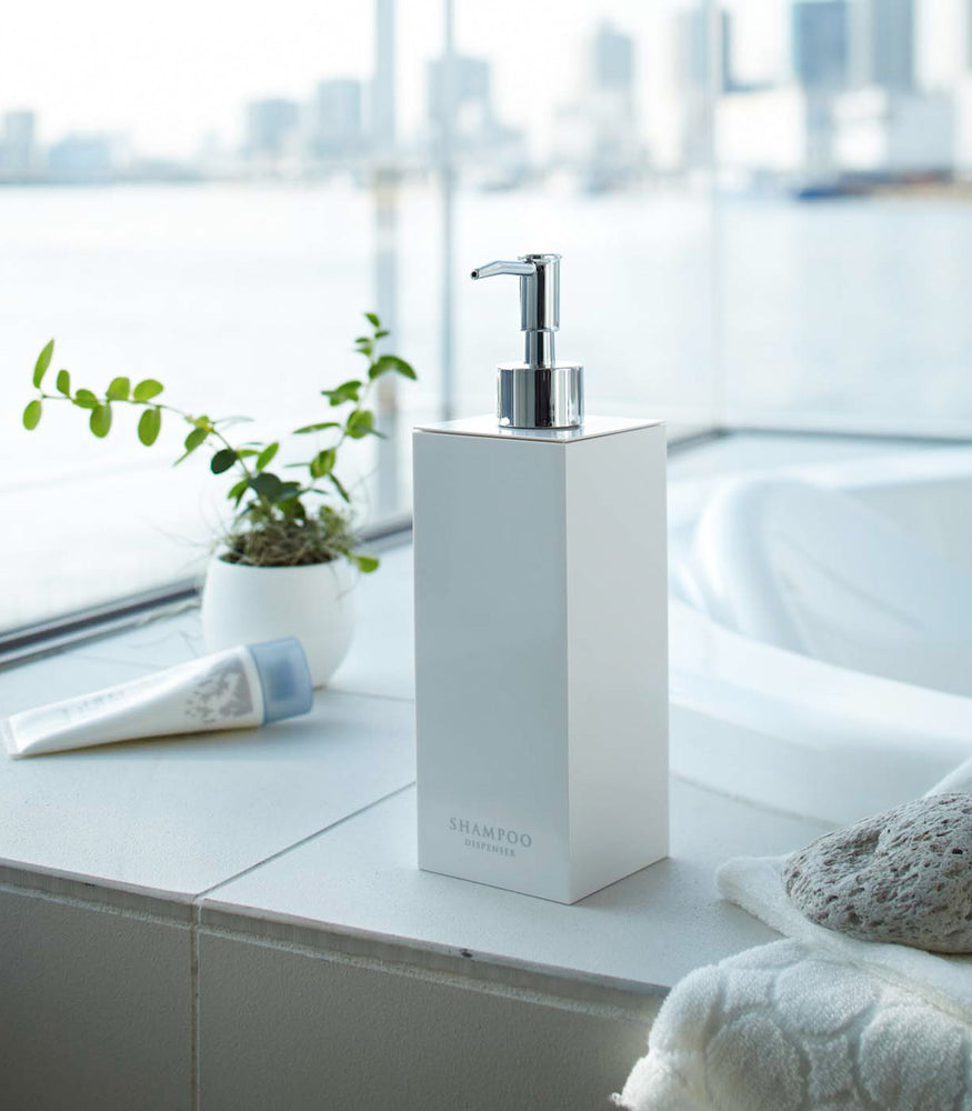 View 5 - White Yamazaki Home square shampoo dispenser by bathtub