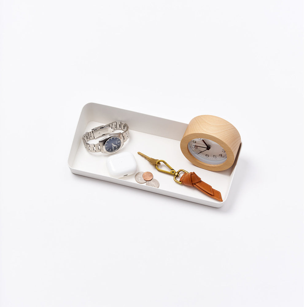 Yamazaki Home Vanity Tray - Angled - Two Sizes with props, set against a white background.