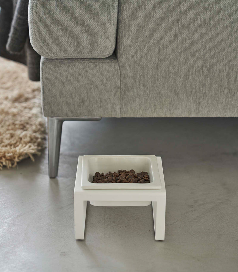 White tall Yamazaki Single Pet Food Bowl filled with food