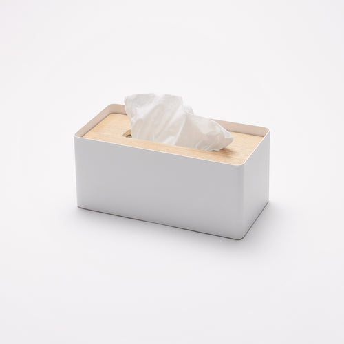 Yamazaki Home Tissue Box Cover - Rectangle with props, set against a white background.