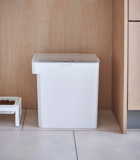 Front view of white Airtight Food Storage Container next to white Pet Food Bowl by Yamazaki Home. view 43