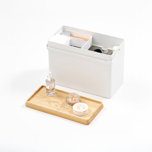 Yamazaki Home Odds-and-Ends Organizer with props, set against a white background.