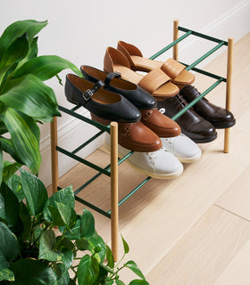 Side view of Forest Green Yamazaki Home Expandable Shoe Rack with 5 pairs of shoes view 6