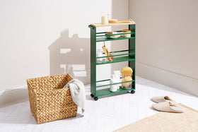 Forest Green Yamazaki Home Slim Storage Cart storing bathroom accessories in a bathroom view 3