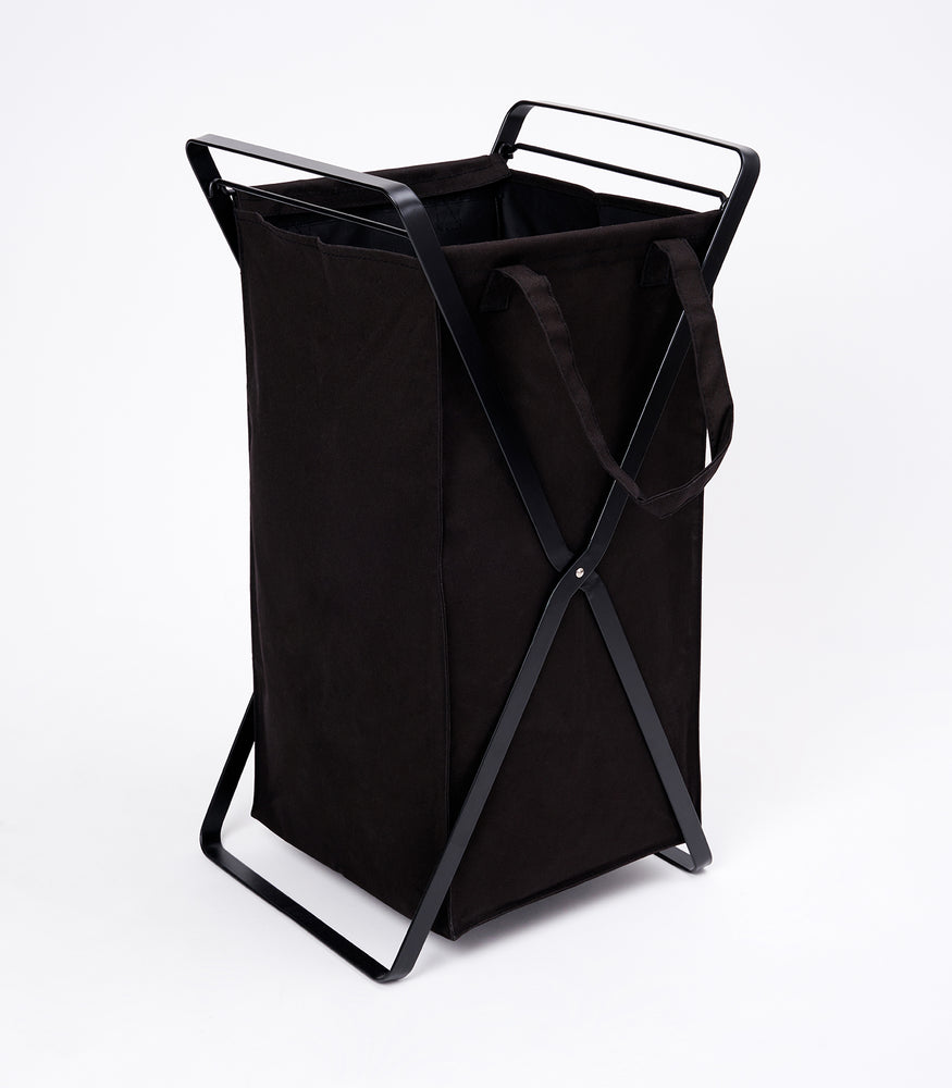 View 8 - Side view of small Laundry Hamper with Cotton Liner by Yamazaki Home in black on a white background.