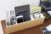 Aerial view of white Over-the-Door Hook holding office supplies, phone, and tablet by Yamazaki Home.