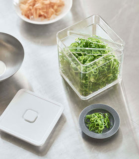 Aerial view of white Vacuum-Sealing Food Container w. Tongs with cover off and holding scallions by Yamazaki Home. view 3