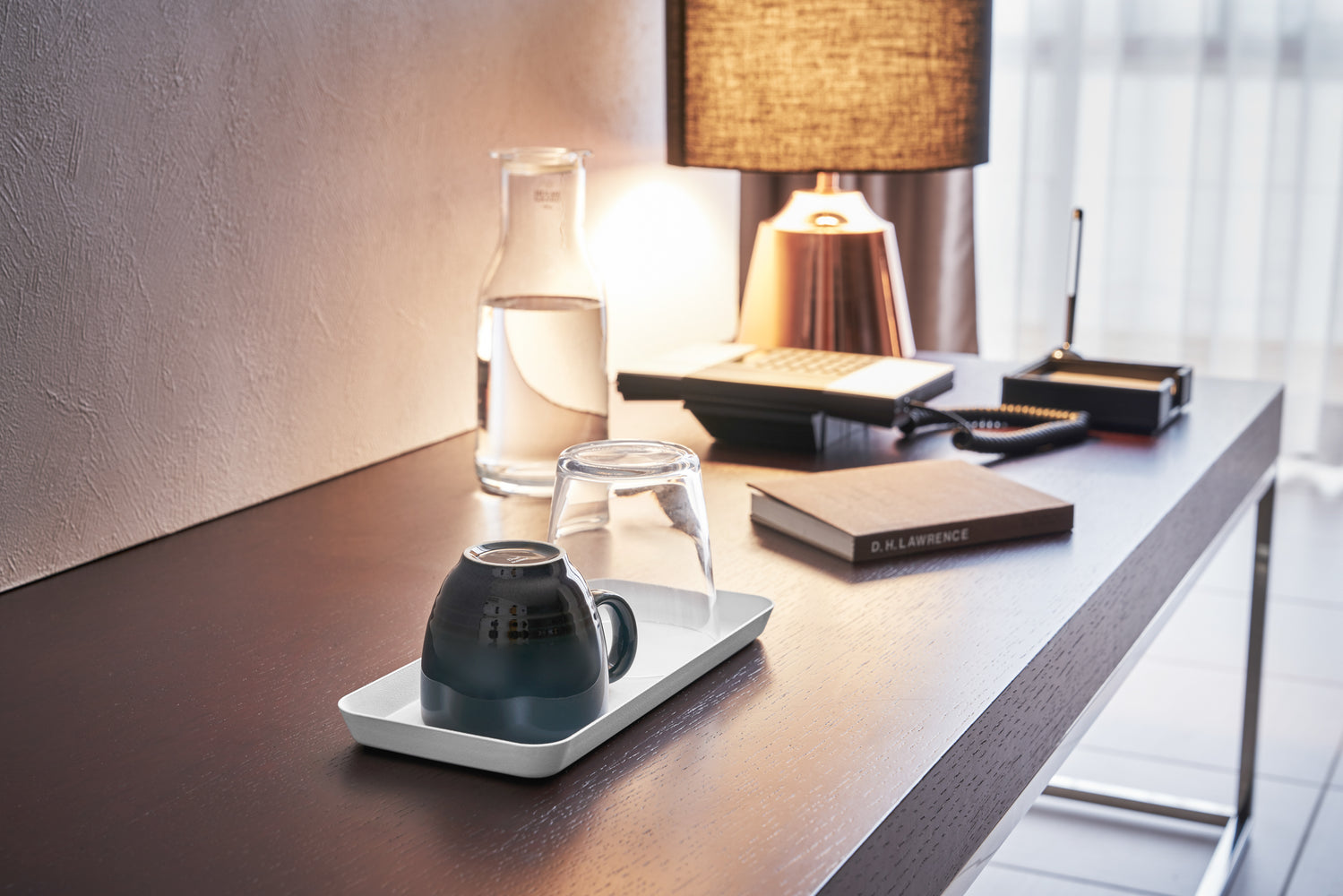 View 16 - White Accessory Tray holding mug and glass on desk by Yamazaki Home.