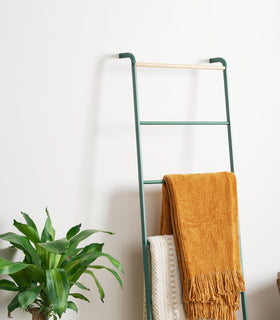 Close up shot of upper Forest Green Yamazaki Home Leaning Storage Ladder with two blankets stored view 5