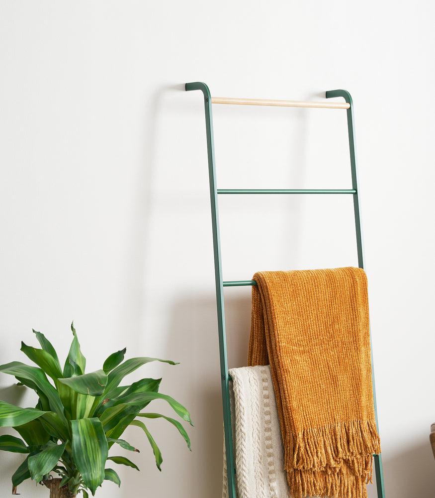 View 5 - Close up shot of upper Forest Green Yamazaki Home Leaning Storage Ladder with two blankets stored