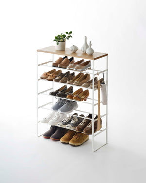 Yamazaki's White 6 Tier Wood Top Shoe Rack holding 14 pair of shoes
