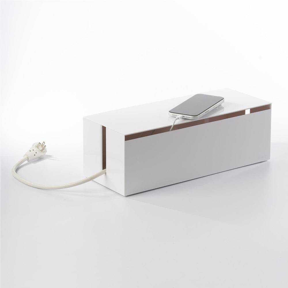 White Cable Management Box with office props on a white background