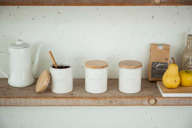 Front view of Ceramic Sugar Canister on kitchen shelf by Yamazaki Home. view 15