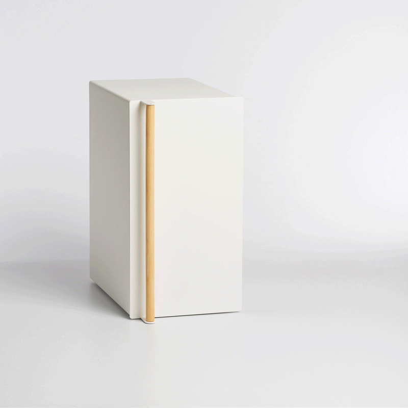 GIF of Bread Box - Vertical - Steel + Wood, styled with bread and kitchen props on a white background to show the door opening and closing.