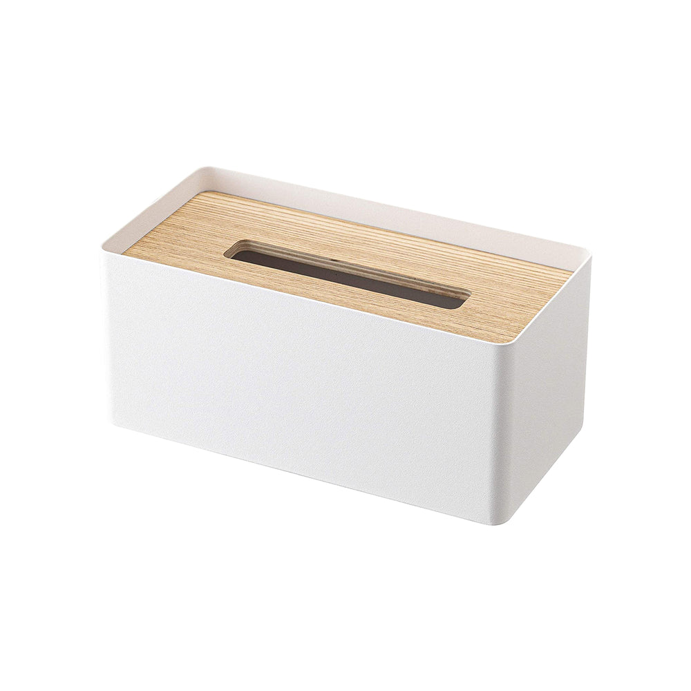 Yamazaki Home Rin Metal Tissue Box Cover With Wood Lid - Steel Holder For Standard Tissues