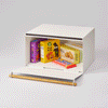 GIF of white Tosca bread box by Yamazaki Home opening and closing with snacks stored inside.