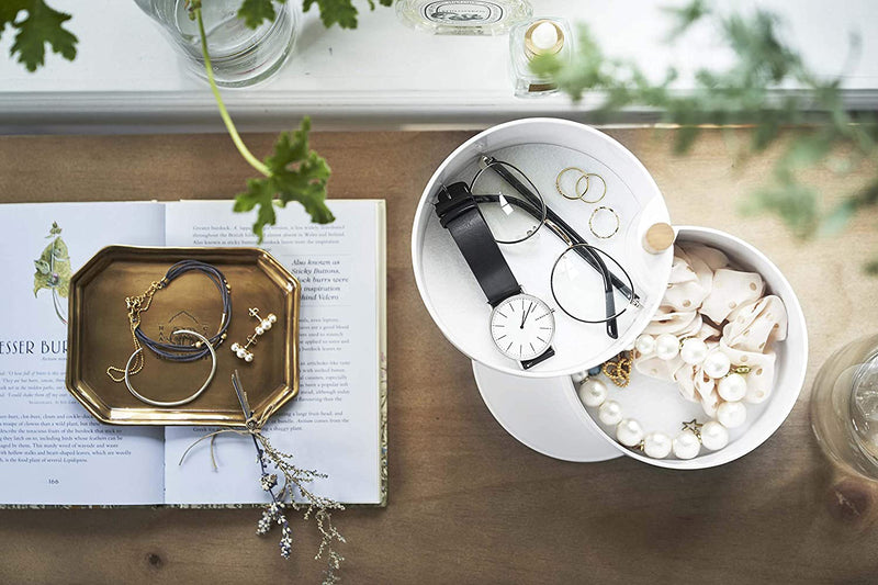 Aerial view of white Stacked Jewelry Box holding jewelry and accessories on vanity by Yamazaki Home.