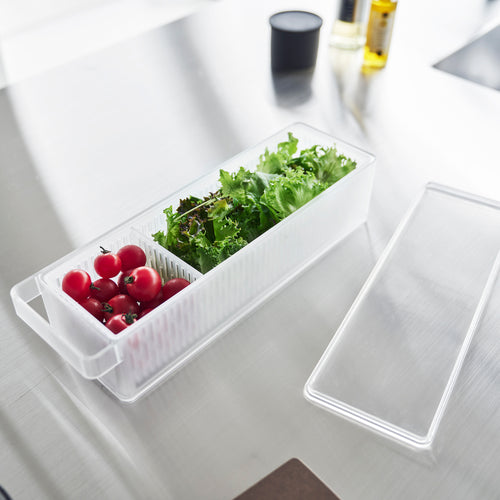 Yamazaki Home Refrigerator Colander with Lid & Divider with radishes and salad mix
