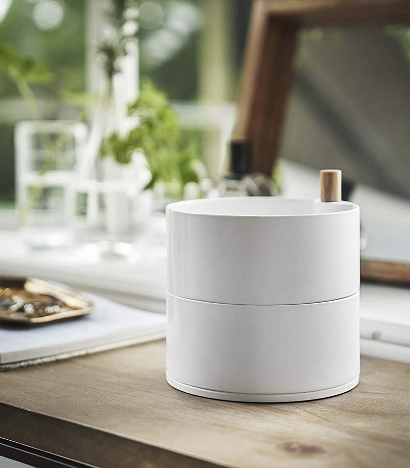 Front view of white Stacked Jewelry Box on vanity by Yamazaki Home.