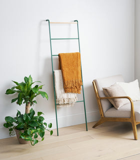 Wide shot of Forest Green Yamazaki Home Leaning Storage Ladder with two blankets stored view 4