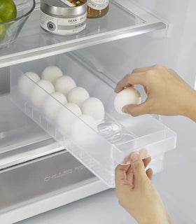 Yamazaki Egg Container for Refridgerator with eggs being pulled out view 14