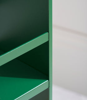 Close up of shelves on Forest Green Yamazaki Home Slim Storage Cart view 6