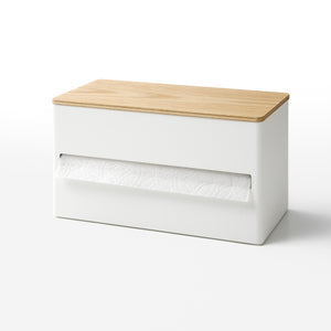 Yamazaki Home White Paper Towel Dispenser with props, set against a white background.