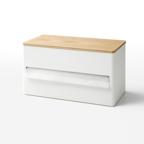 Yamazaki Home White Paper Towel Dispenser with props, set against a white background.