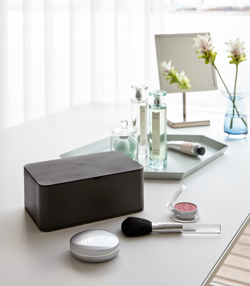 View 10 - Black Wet Tissue Case on vanity counter by Yamazaki Home.