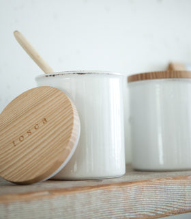 Close up view of Ceramic Food Canister on kitchen shelf by Yamazaki Home. view 4