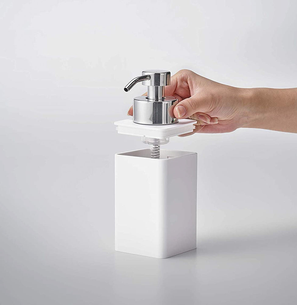 View 5 - White Foaming Soap Dispenser with top removed on white background by Yamazaki Home.