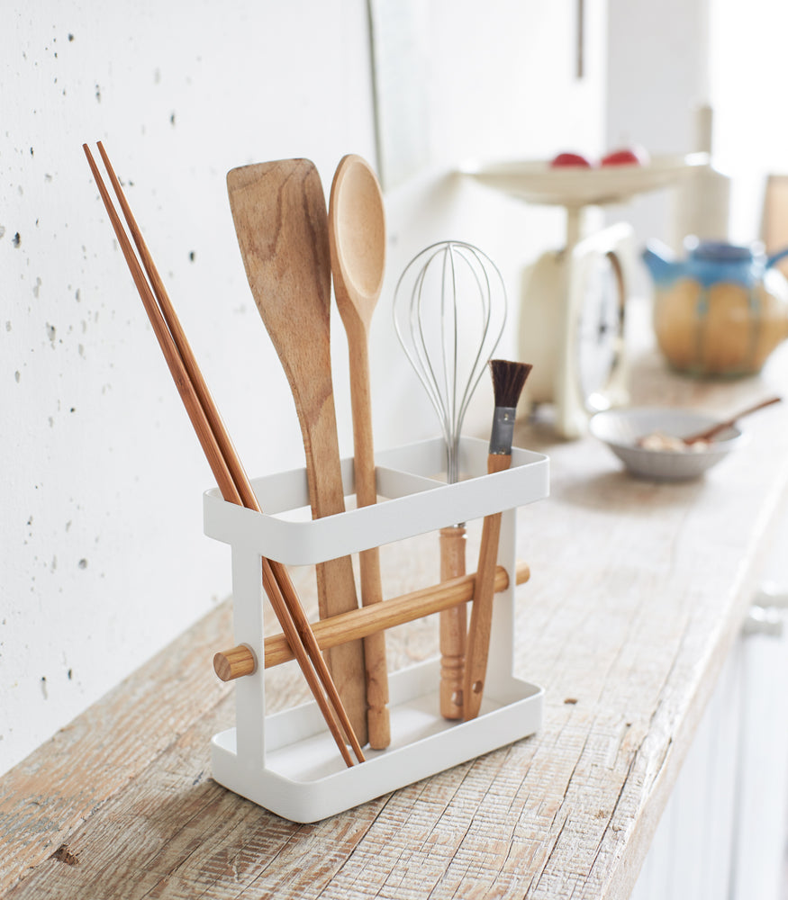 View 3 - Utensil Holder displaying kitchen cooking utensils on shelf by Yamazaki Home.
