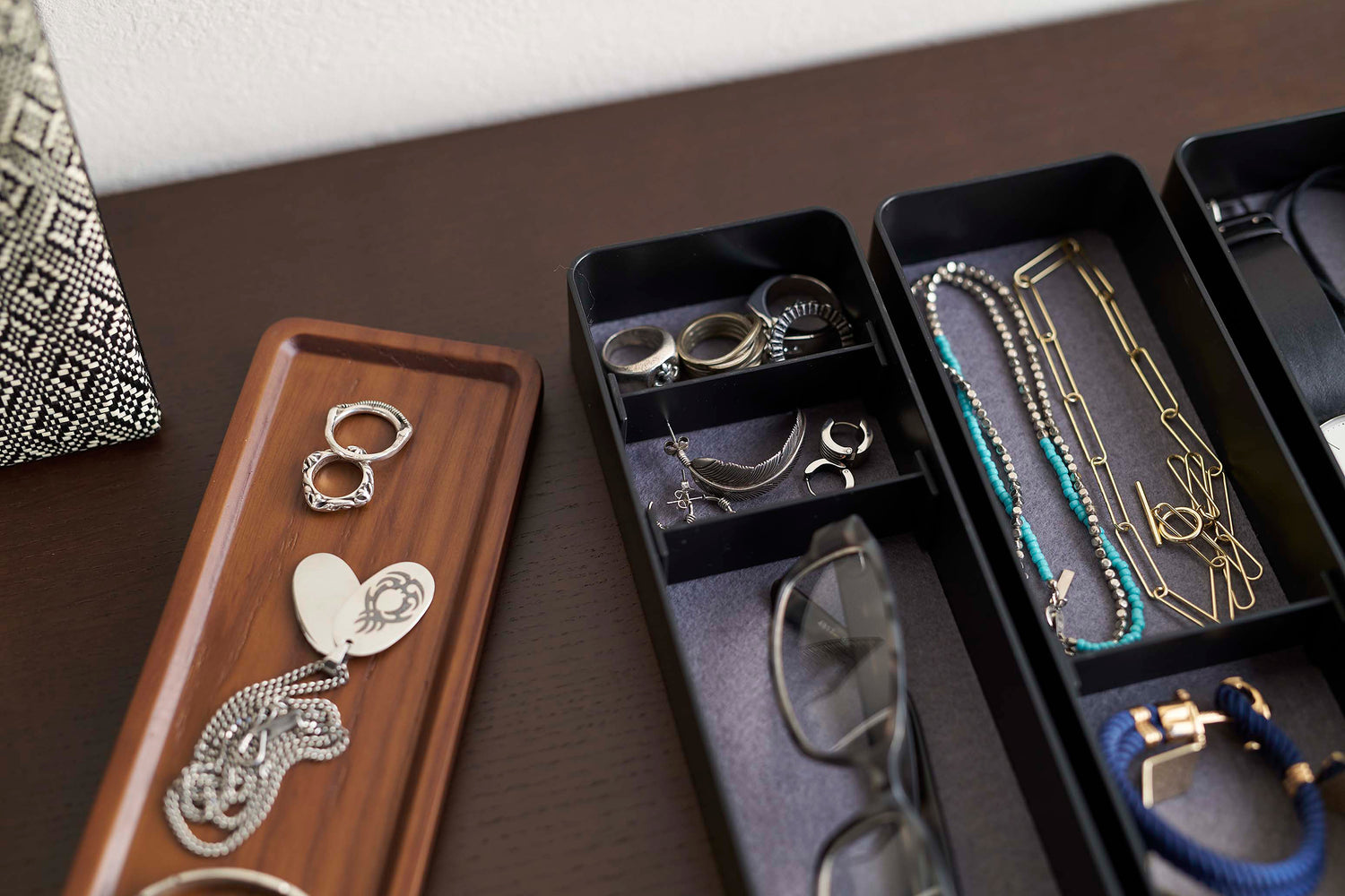 View 16 - Close up of black Stacking Watch and Accessory Case opened with glasses and jewelry