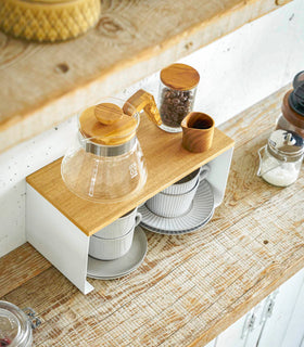 Aerial view of white Stackable Countertop Shelf holding coffee pot and brewing equipment by Yamazaki Home. view 3