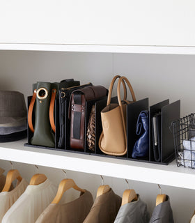 Black Bag Organizer with Customizable Dividers displaying purses in closet by Yamazaki Home. view 8