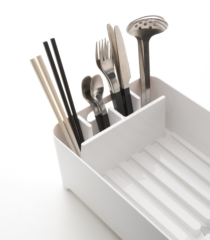 View 5 - White Dish Rack holding utensil organizer on white background by Yamazaki Home.