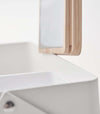 Close up view of white Makeup Organizer with lid open on white background by Yamazaki Home.