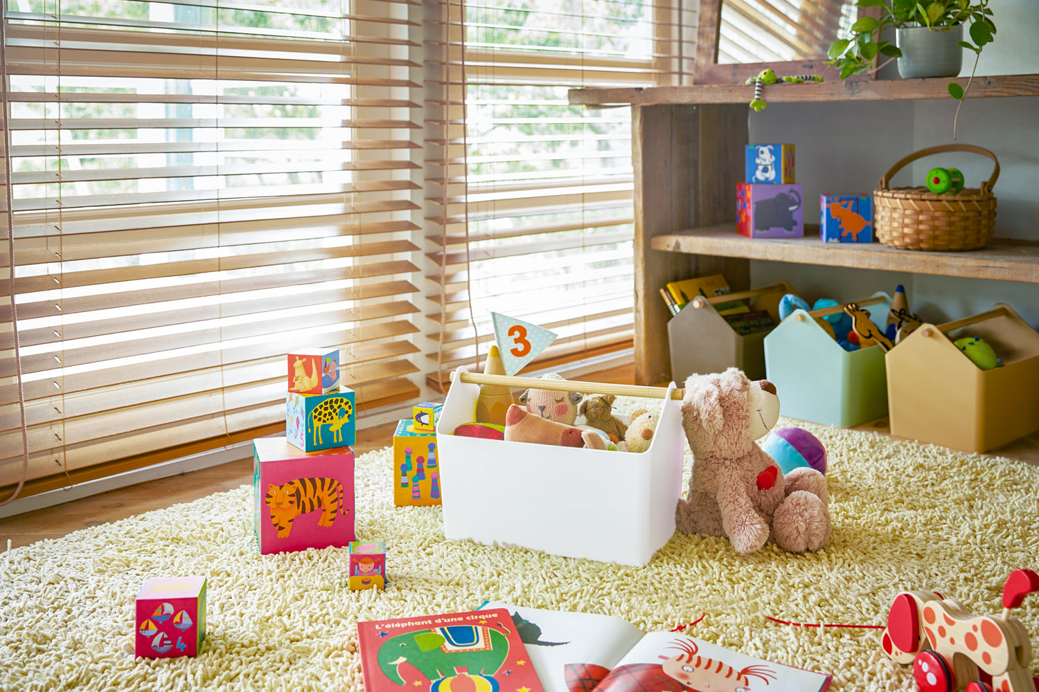 View 7 - White Storage Caddy holding children toys in playroom by Yamazaki Home.
