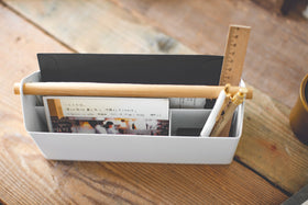 Top Aerial view of white Desk Organizer holding paper, ruler, and pens by Yamazaki Home. view 10