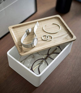 Close up view of white Accessory Box with Wood Lid holding sunglasses and accessories by Yamazaki Home. view 4