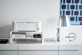 Front view of white Rolling Printer Stand displaying printer and printing items by Yamazaki Home. view 5
