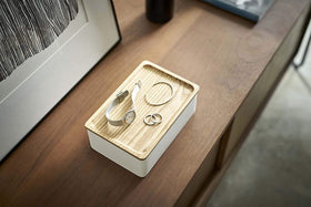 Aerial view of white Accessory Box with Wood Lid displaying watch and rings by Yamazaki Home. view 6
