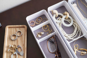 Close up of White Stacking Watch and Accessory Case opened with glasses and jewelry view 8