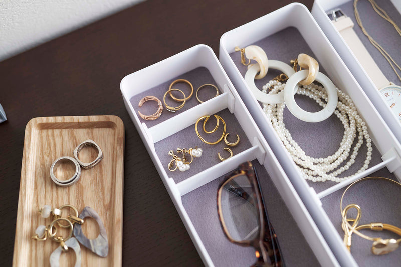 Close up of White Stacking Watch and Accessory Case opened with glasses and jewelry