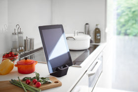 Side view of black Tablet Stand holding tablet in kitchen by Yamazaki Home. view 7